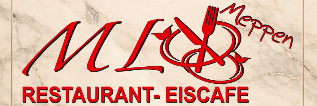 Logo für das Meppen Restaurant-Eiscafé mit stilisierten Buchstaben und einem Bestecksymbol auf einem Marmor-Hintergrund.