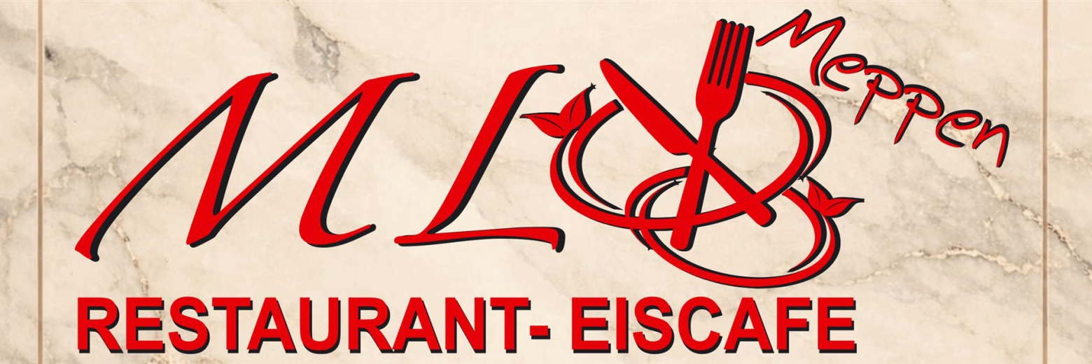 Logo für das Meppen Restaurant-Eiscafé mit stilisierten Buchstaben und einem Bestecksymbol auf einem Marmor-Hintergrund.