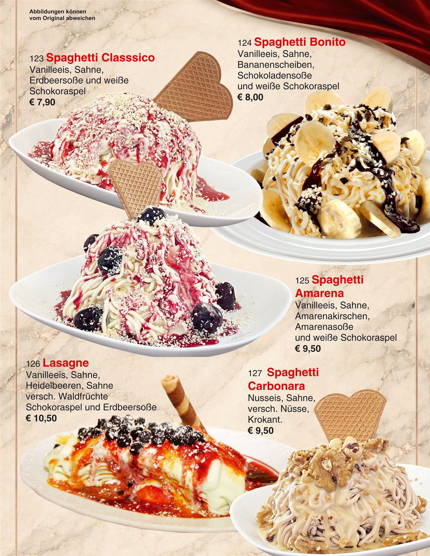 Eine Menüauswahl verschiedener süßer Desserts, darunter Spaghetti, Lasagne und Amaretti.